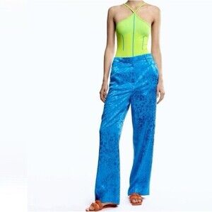 Zara Pants Womens Size XS Blue Jacquard Textured High Waisted Straight Leg Party